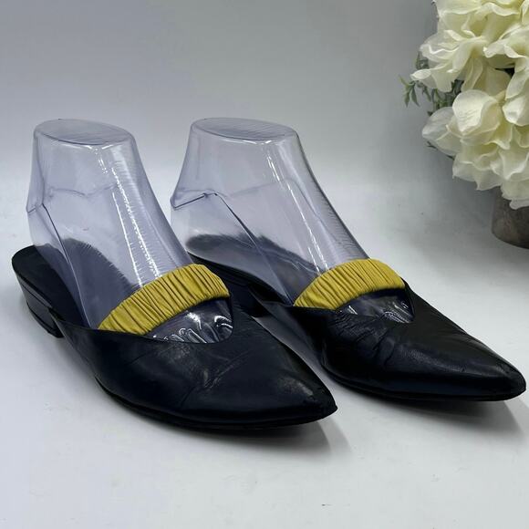 PRADA Vintage Black Leather Mules Slip one Yellow Elastic Pointed Toe 38/7-7.5 - Picture 1 of 9